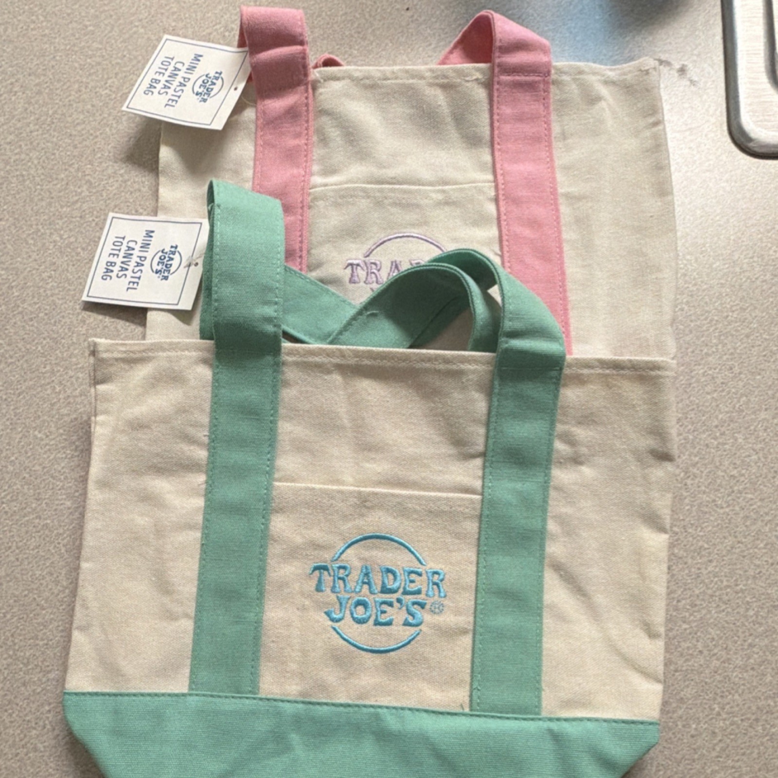 Trader Joe’s Mini Pastel Canvas Tote Bag Foldable Multicolor Set of 2 Small