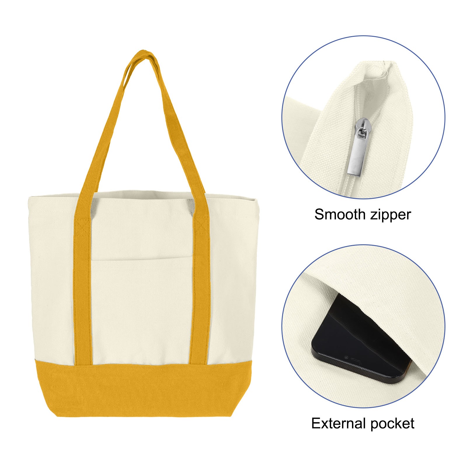 Canvas Tote Bag with Zipper 16″ x 14″ x 4″ Canvas Tote Bags Yellow