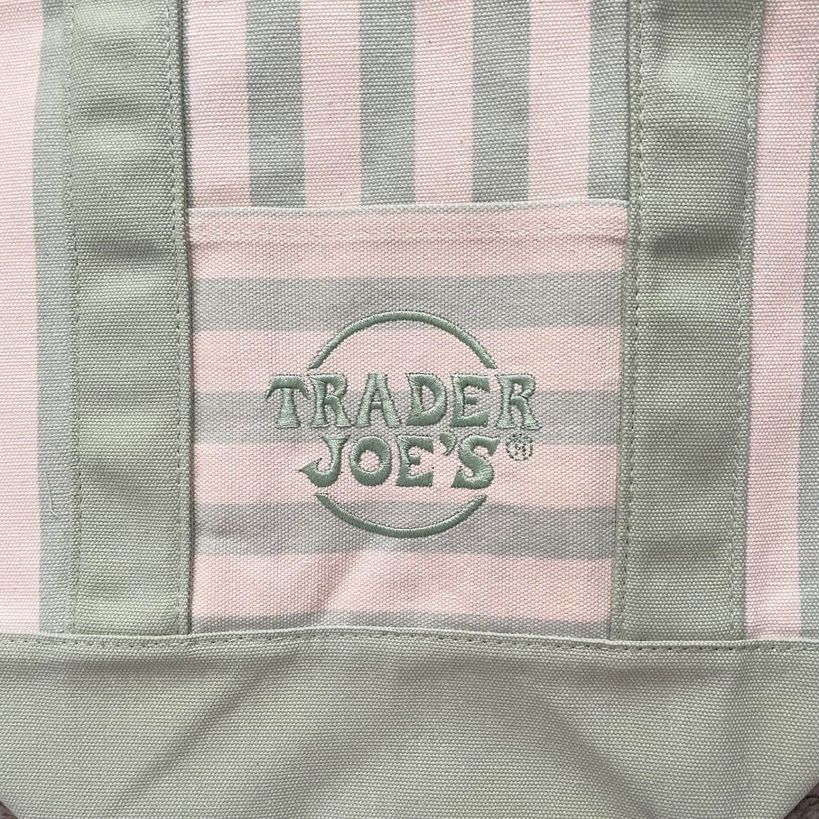 Trader Joe’s Mini Canvas Tote Bag Pastel Green Tan Pockets Summer SET of 2 NWT