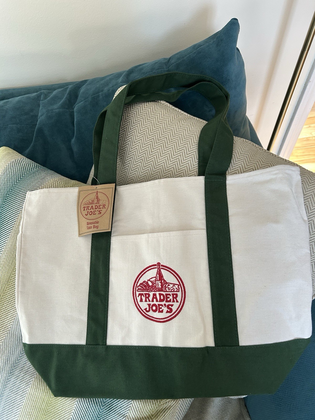 Trader Joe’s Reusable Foldable Canvas Shopping Bag Green White Original