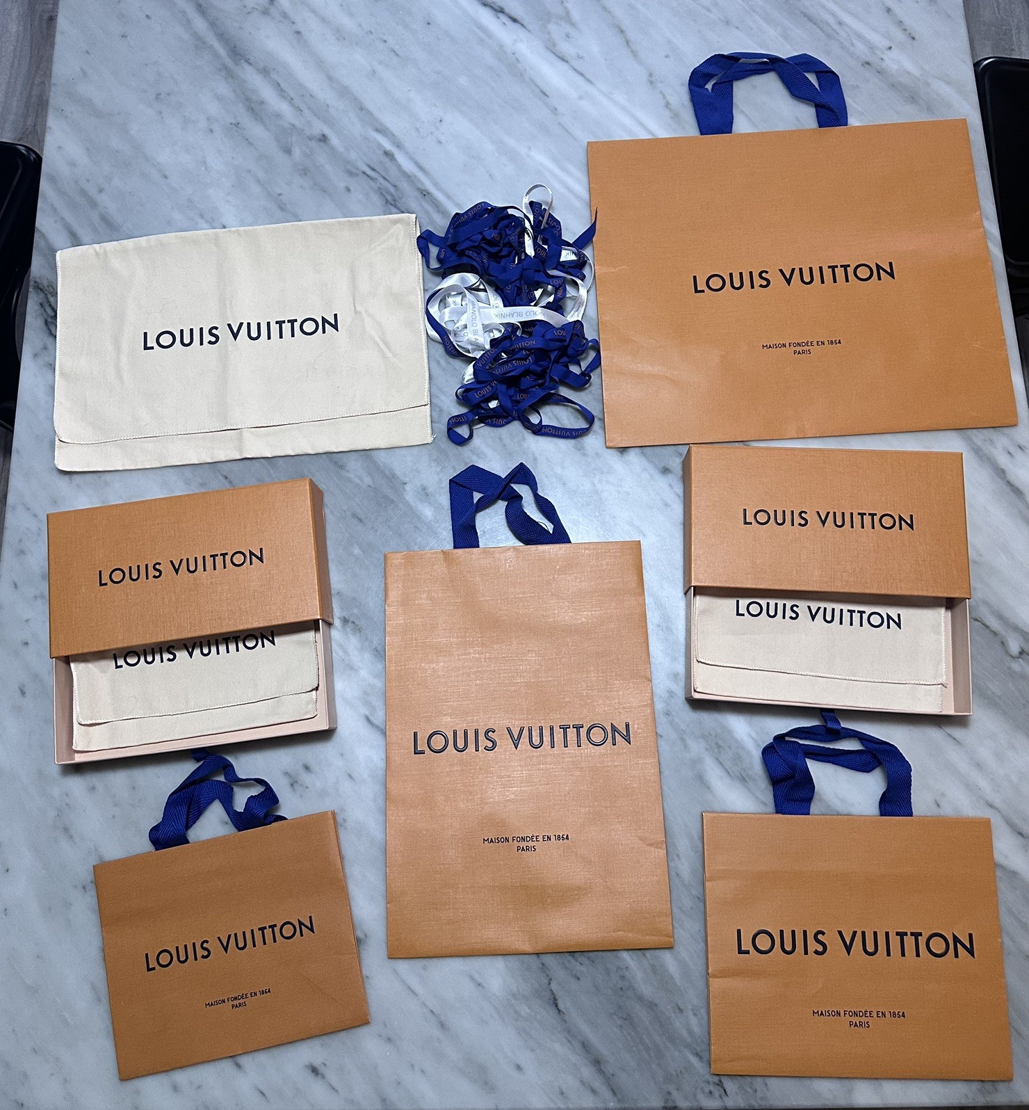Lot of Original Louis Vuitton, 7 store BAGS, 2 BOXES and lots of ribbons