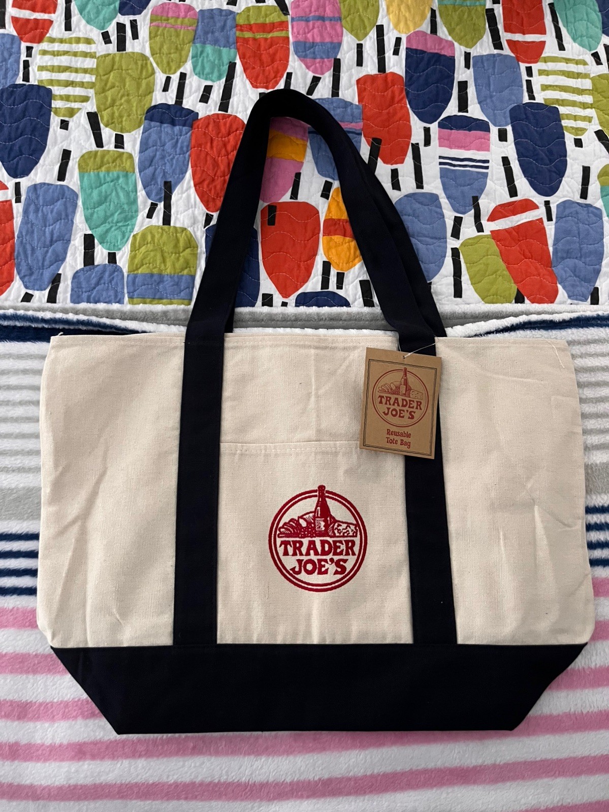 Trader Joe’s Canvas Tote Bag – Navy & Cream | Reusable Grocery Bag