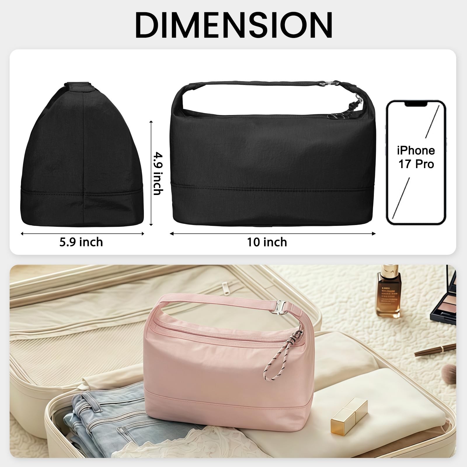 HauteHues Travel Makeup Bag for Women Large Capacity 10×5.9×4.9 inch, Black