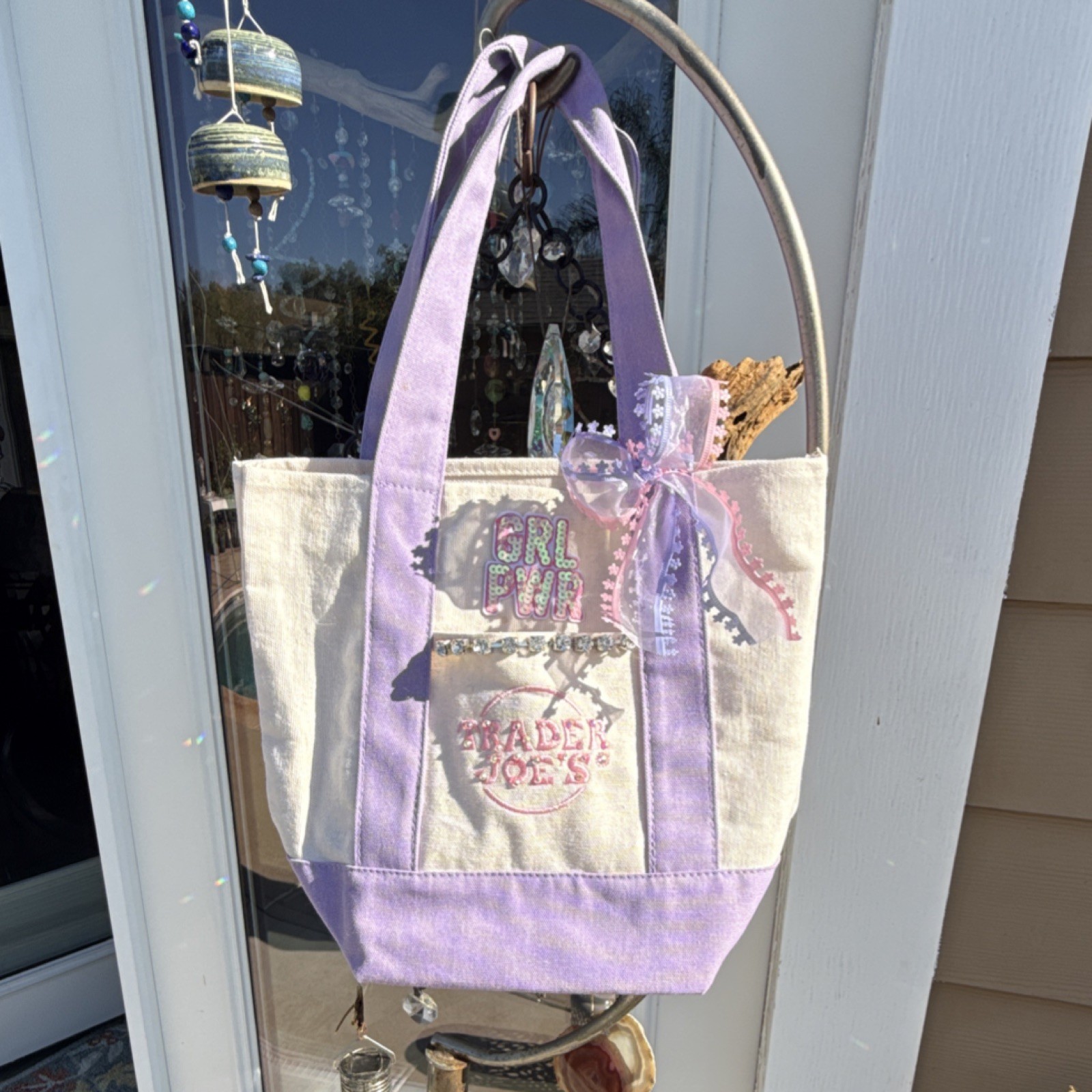 Custom made Trader Joe’s Small Canvas Tote Bag Purple Beige patch Rhinestones