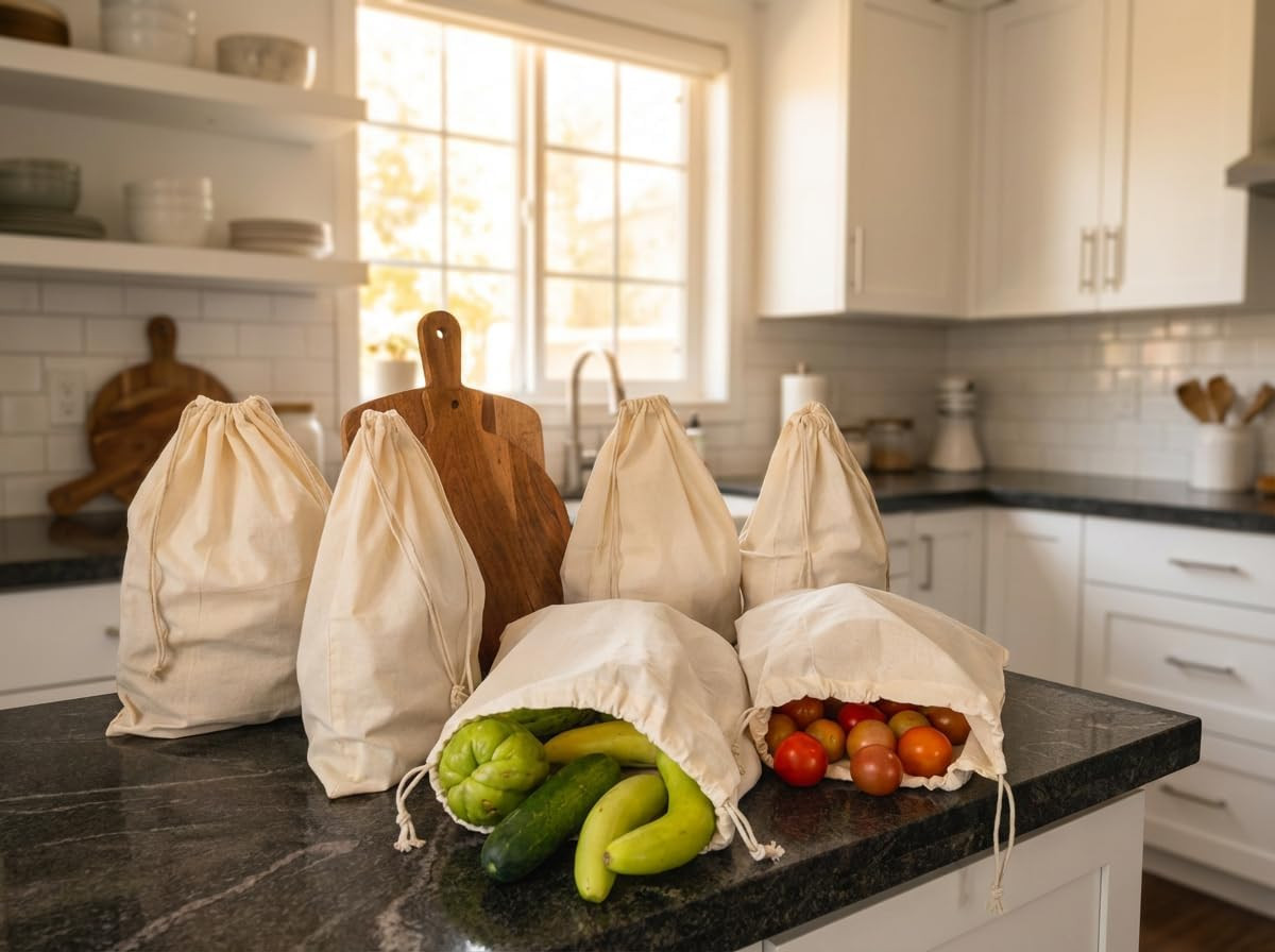 Pack of 12 Reusable Produce Bags, Mesh Produce Cotton Drawstring Washable Bags