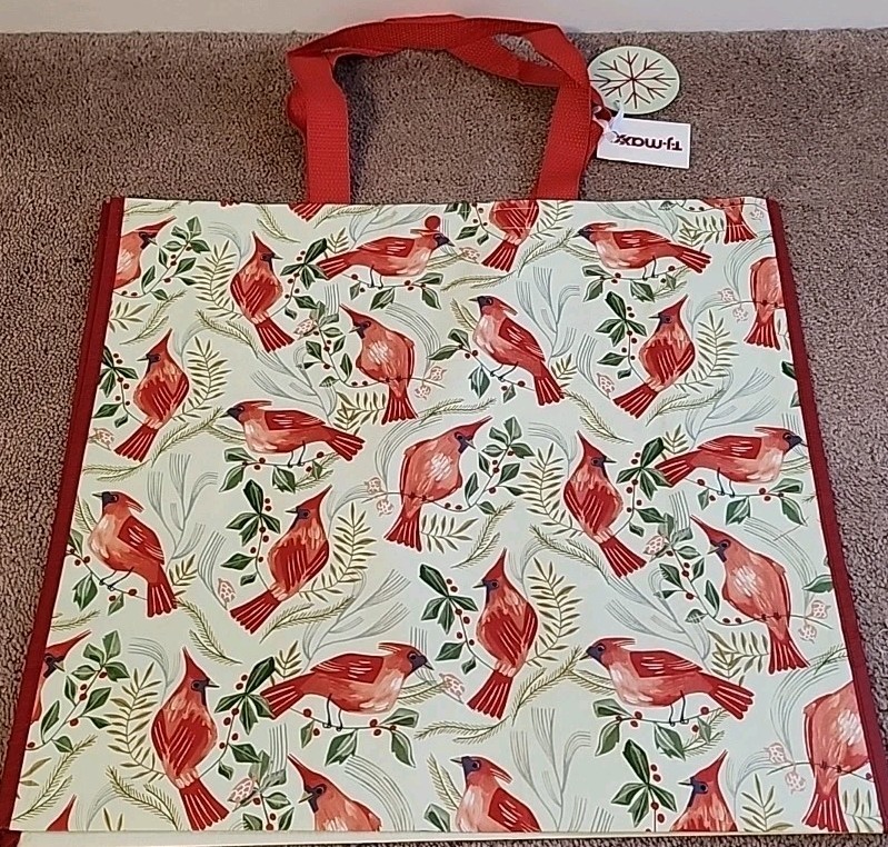 TJ MAXX – Beautiful Cardinals & Holly – Large Reusable Shopping Tote Eco Bag