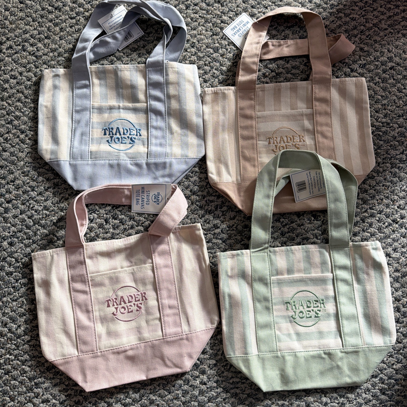 TRADER JOE’S MINI PASTEL STRIPE CANVAS TOTE BAGS SET Of 4 PINK BLUE GREEN BEIGE