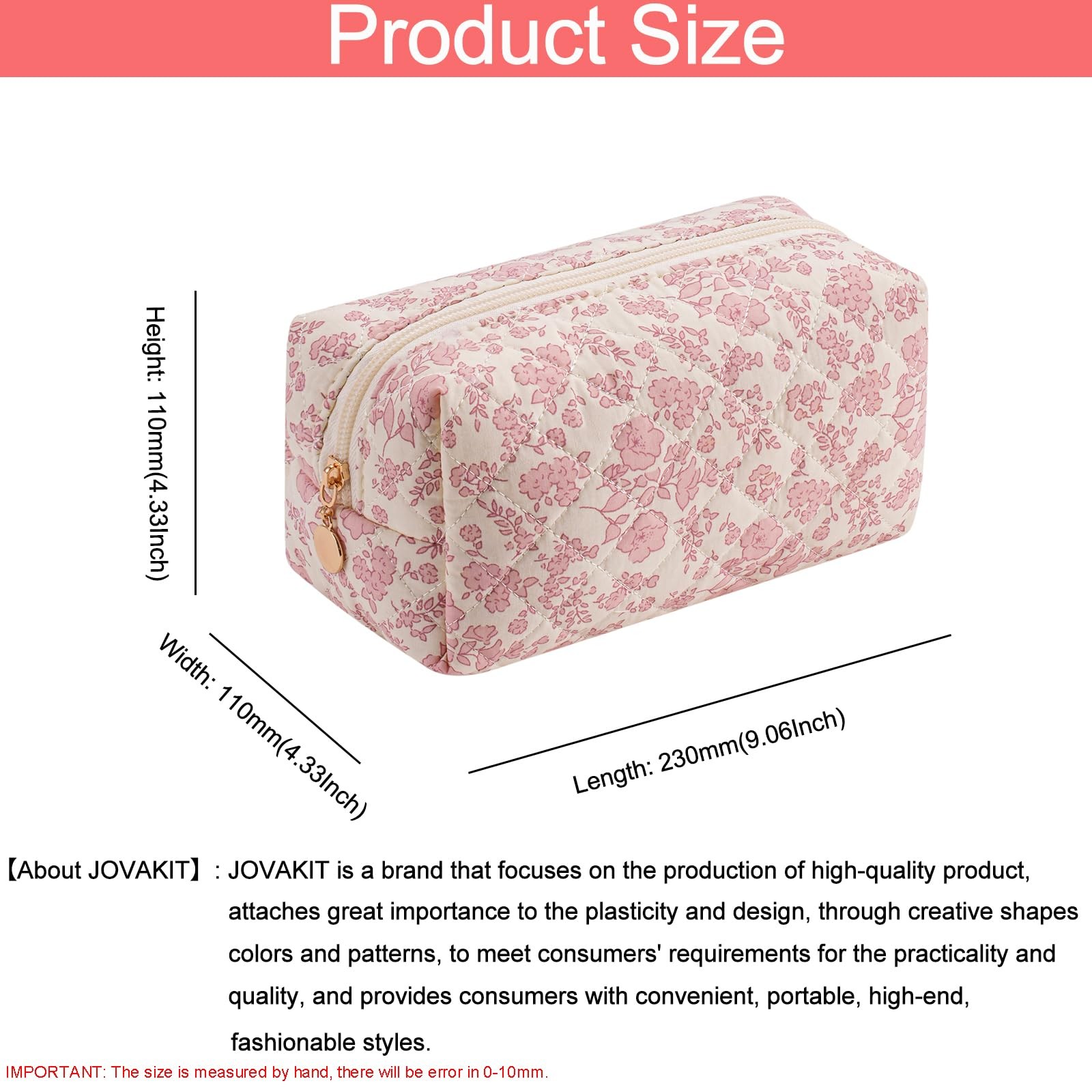 JOVAKIT Square Makeup 7.5 inches x 3.5 x 4.3 inches, Light Pink Floral