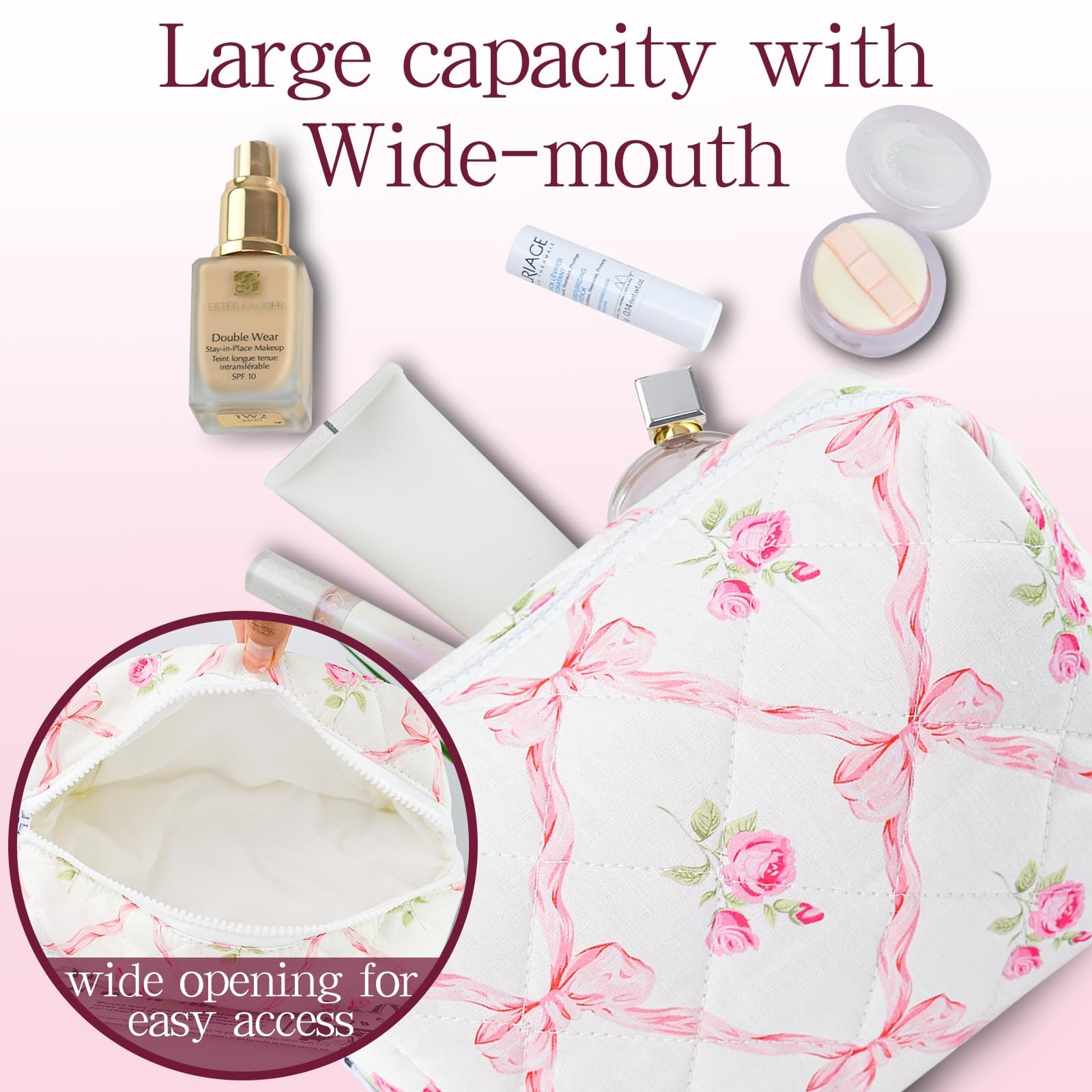 Quilted Makeup Bag Floral Cotton Make up Puffy Coquette Pink bow
