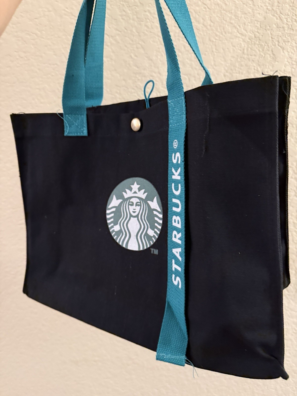Starbucks Reusable Foldable Canvas Shopping Bag Black Teal Handles Logo