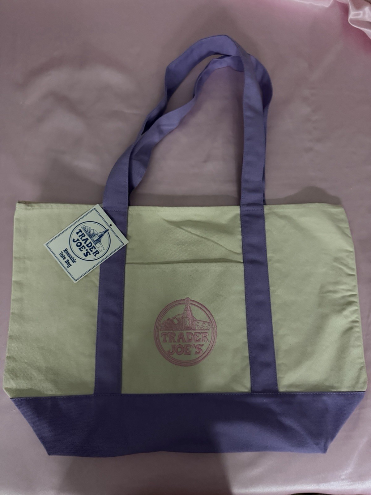Trader Joe’s Foldable Canvas Reusable Shopping Bag Purple Beige Solid Plain