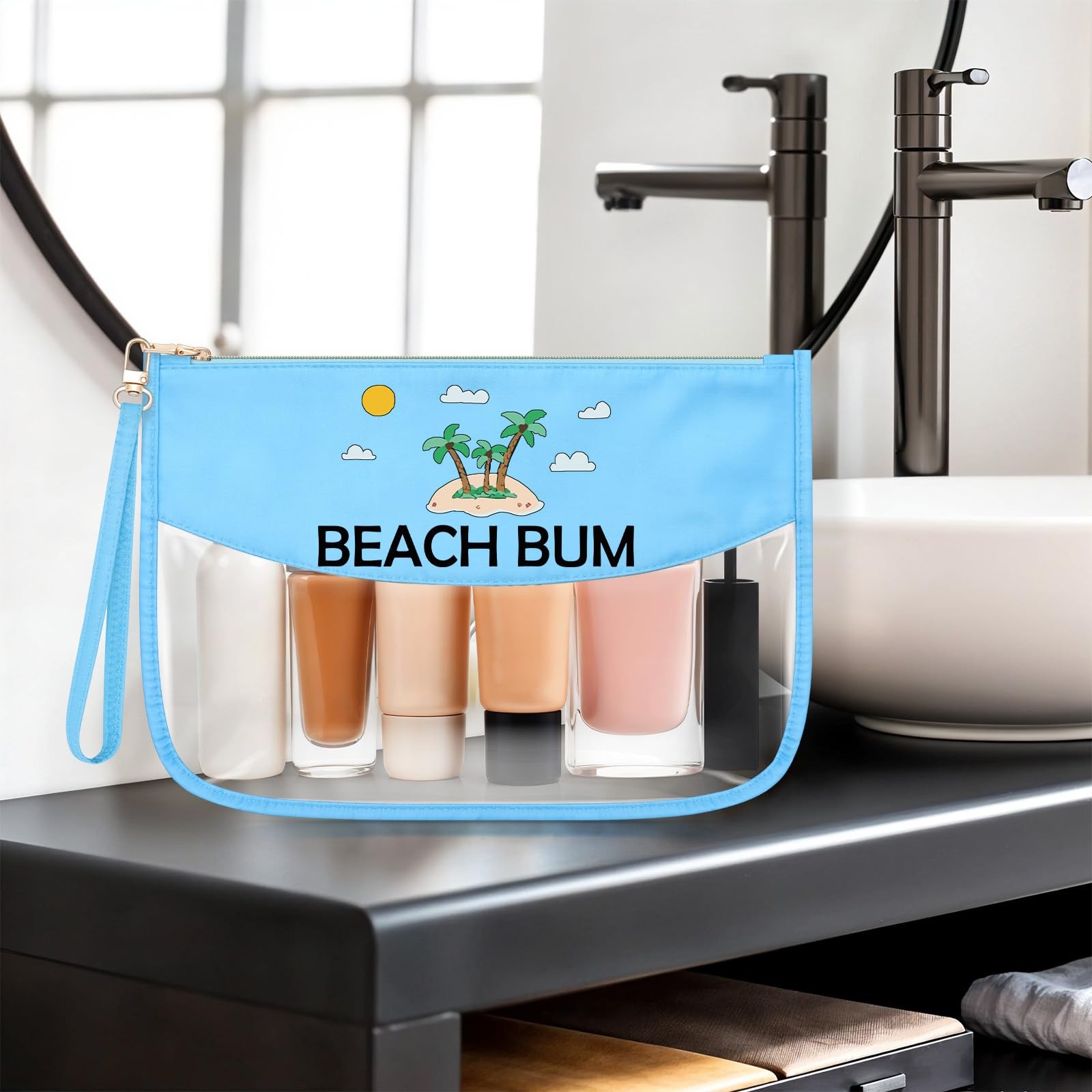 Sazuwu Beach Themed Gifts for Women Friends Adults Blue Makeup Bag with BEACH