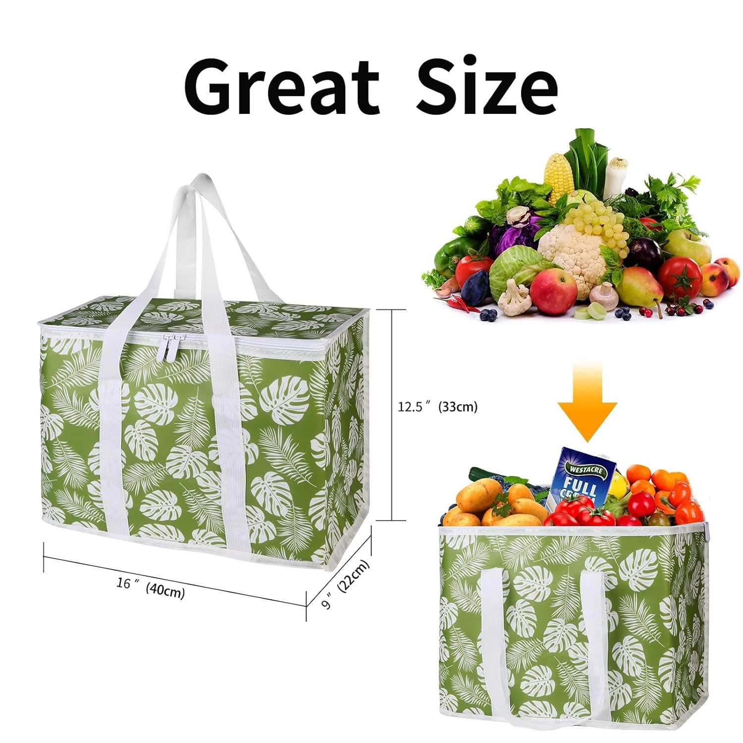 2-Pack extra Insulated Grocery shopping bag, large Green leaf, kitchen foldab…
