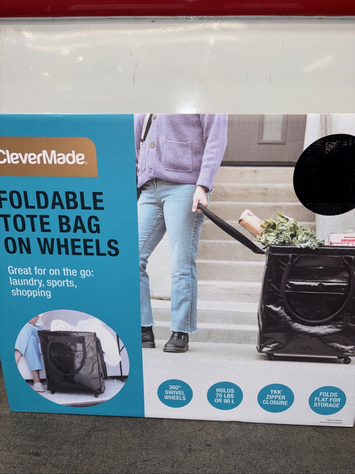 CleverMade Foldable Tote Bag on Wheels Soft Grip Black Capacity: 90L & 75 lbs.