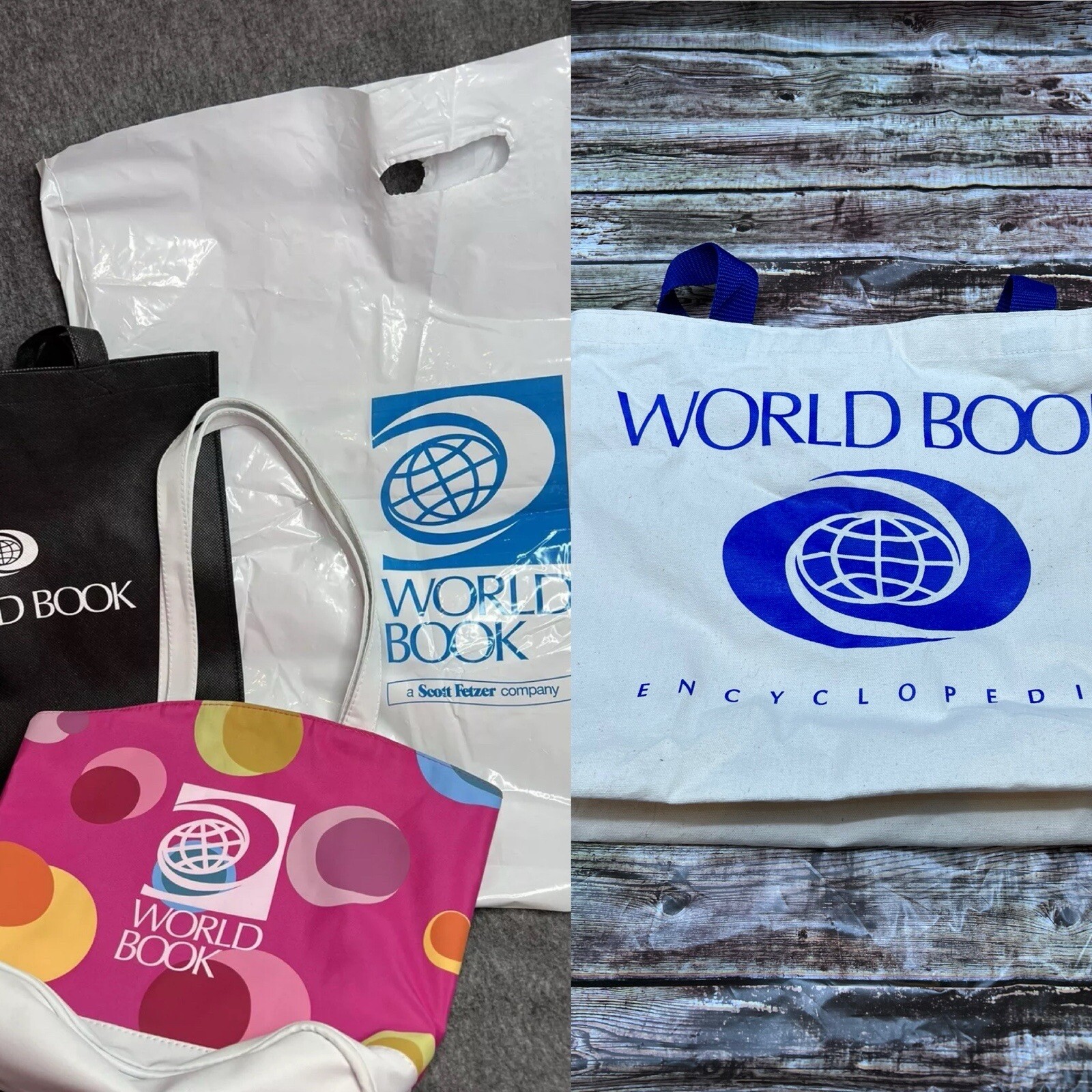 Four World Book Encyclopedia Branded Tote Bags / Large Branded Plastic Bag