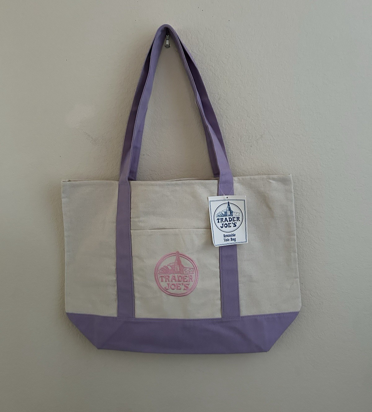 Trader Joe’s Trending Large Purple Embroidered Logo Reusable Canvas Tote Bag NWT