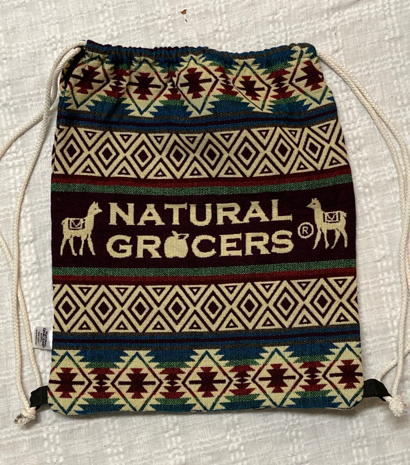Natural Grocers Drawstring Backpack 17×14″ Bag Grocery Wool Llama Woven Ecuador