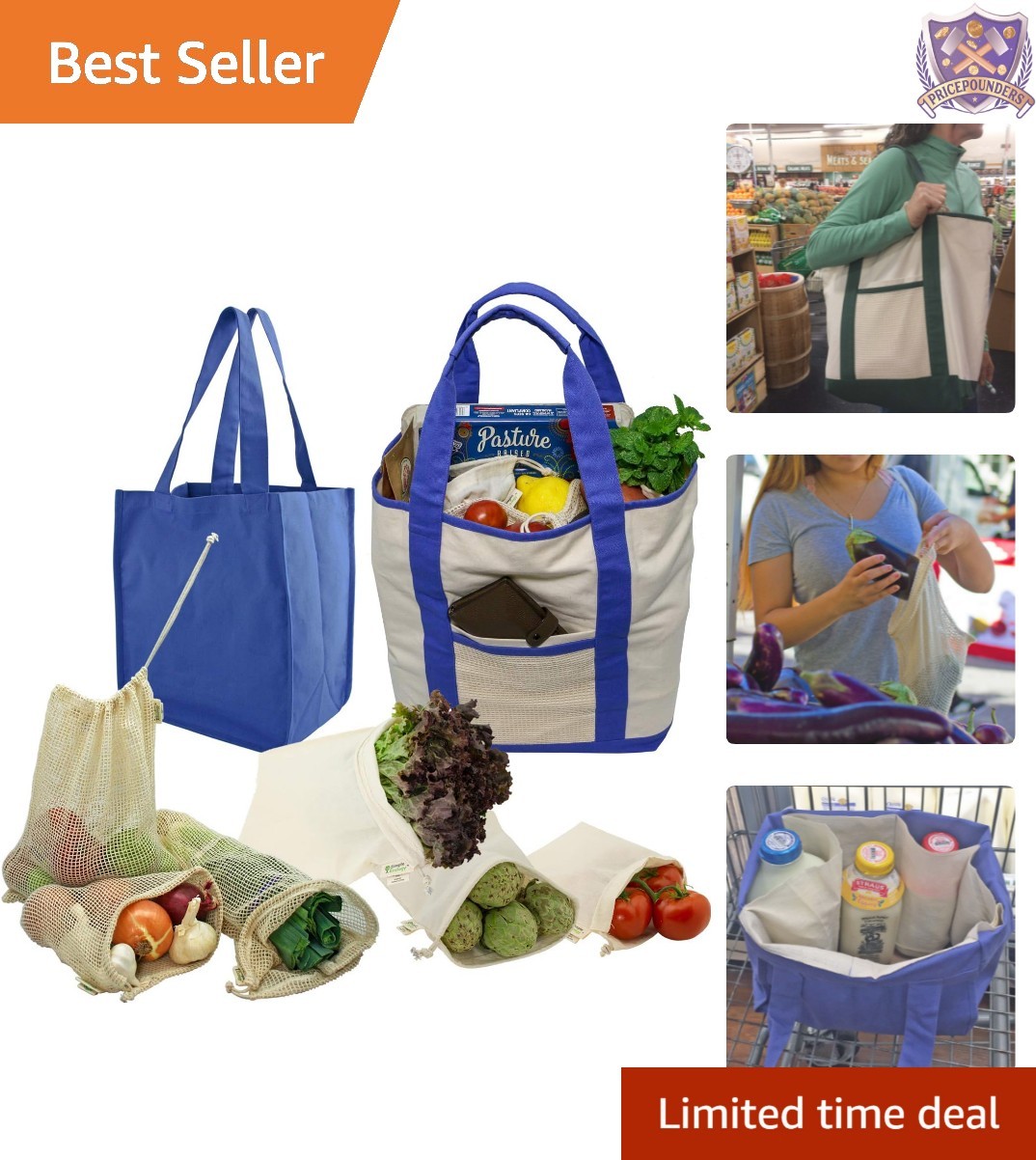 Reusable Organic Cotton Grocery Bags Set Eco-Friendly Durable Washable