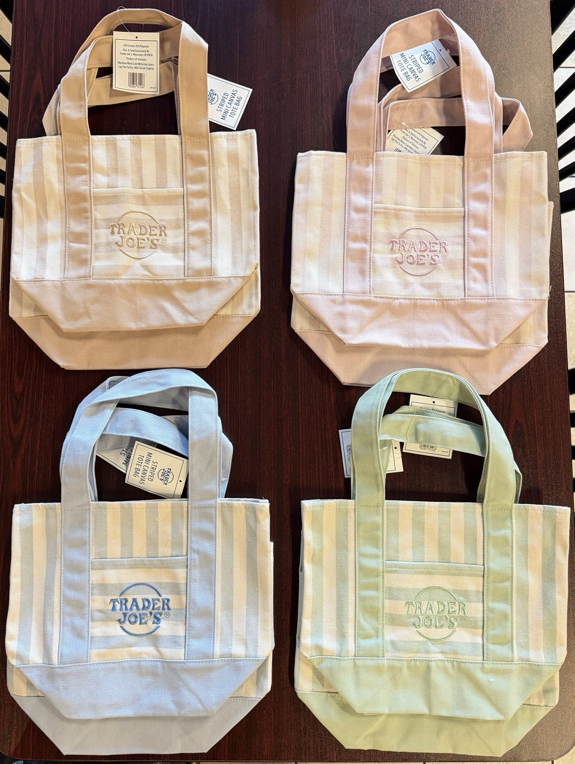 Trader Joe’s Mini Canvas Tote Bag 4-Pack Striped Multicolor Reusable Sturdy