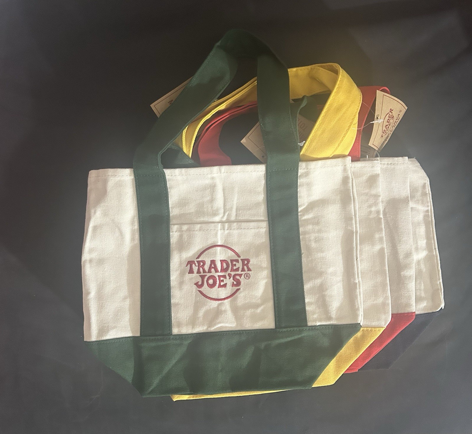 Trader Joe’s Mini Canvas Tote Bag Set Of 4 Red Blue Green Yellow CHRISTMAS LIMIT