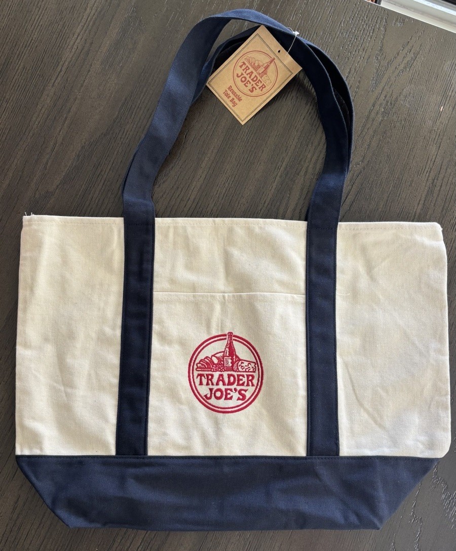Trader Joe’s Canvas Foldable Tote Bag Beige Navy Blue Solid