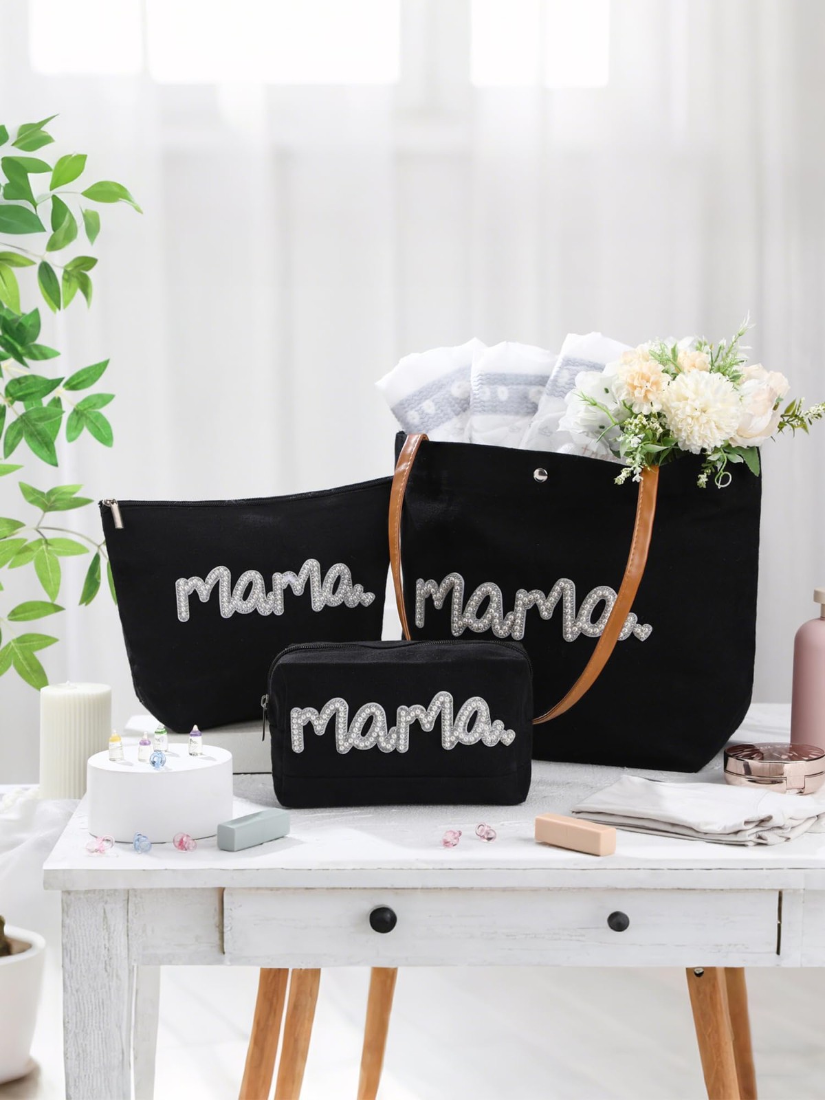 3 Pcs Mom Mama Bag Sets Mother Gifts Multifunctional Black Canvas Tote Bag Se…