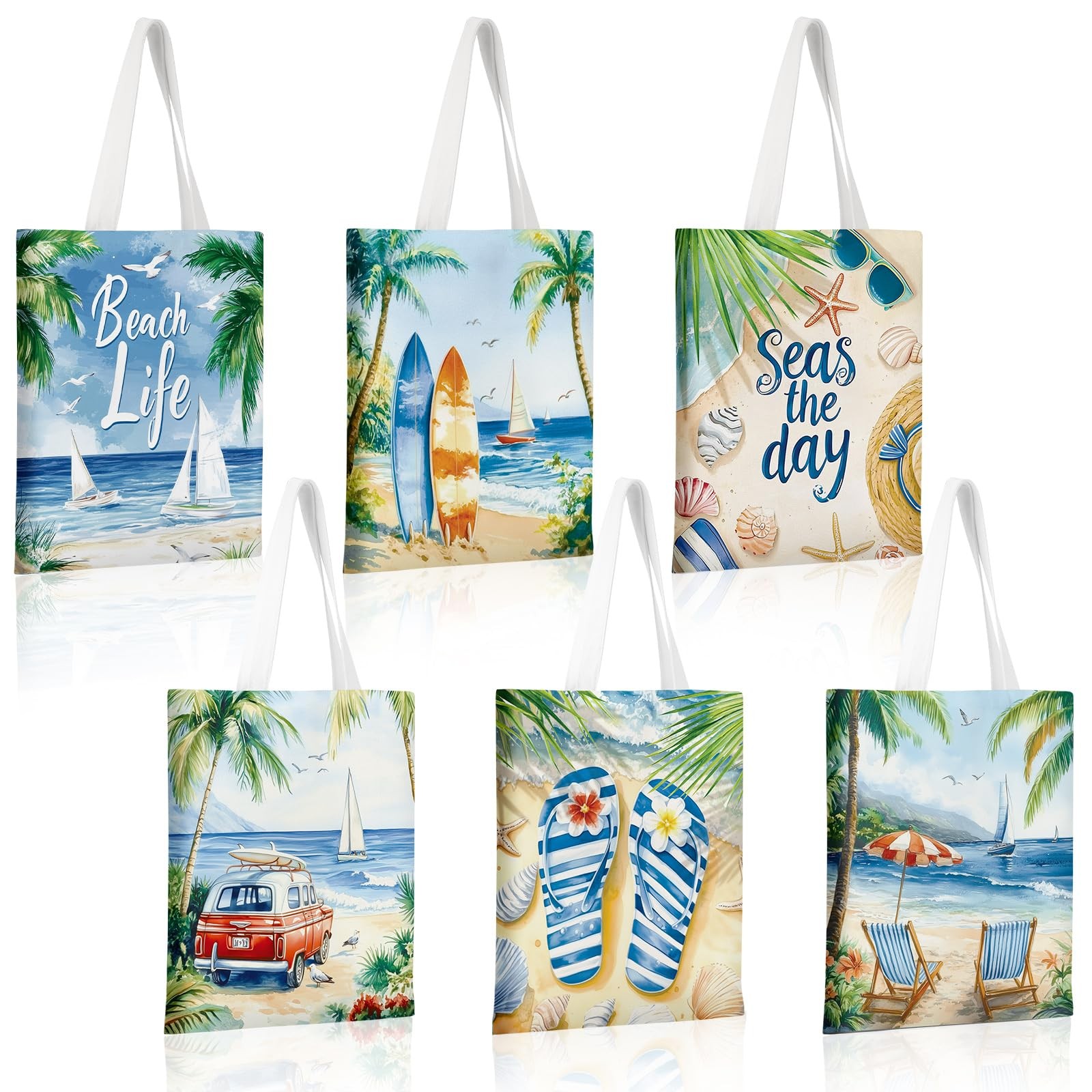 6 Beach Canvas Totes Bags Bulk 15 x 13 Inches Hawaii Gifts Summer Tote Bags R…
