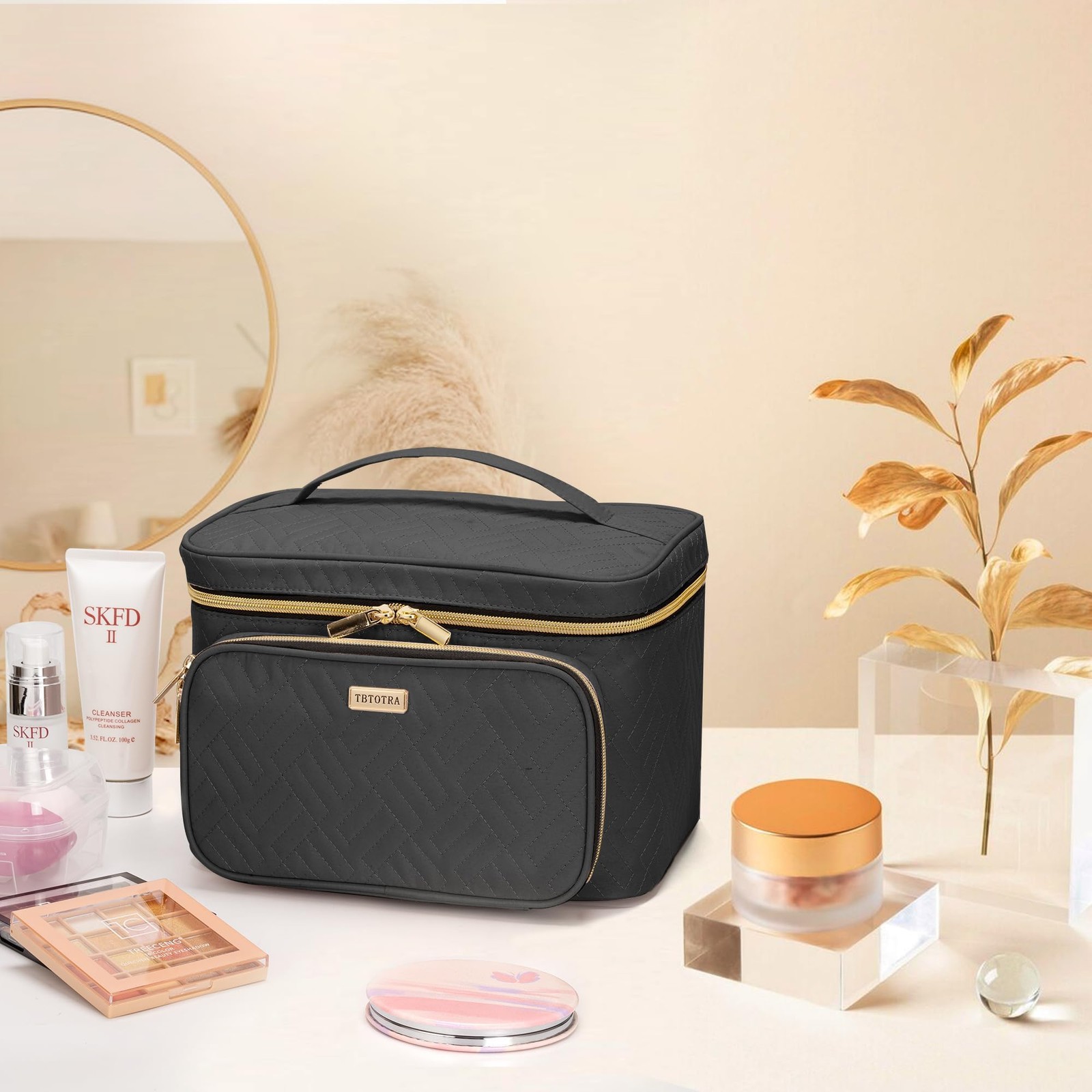 TBTOTRA Travel Makeup Bag with Jewelry Organizer, Large Single-Layer, Black