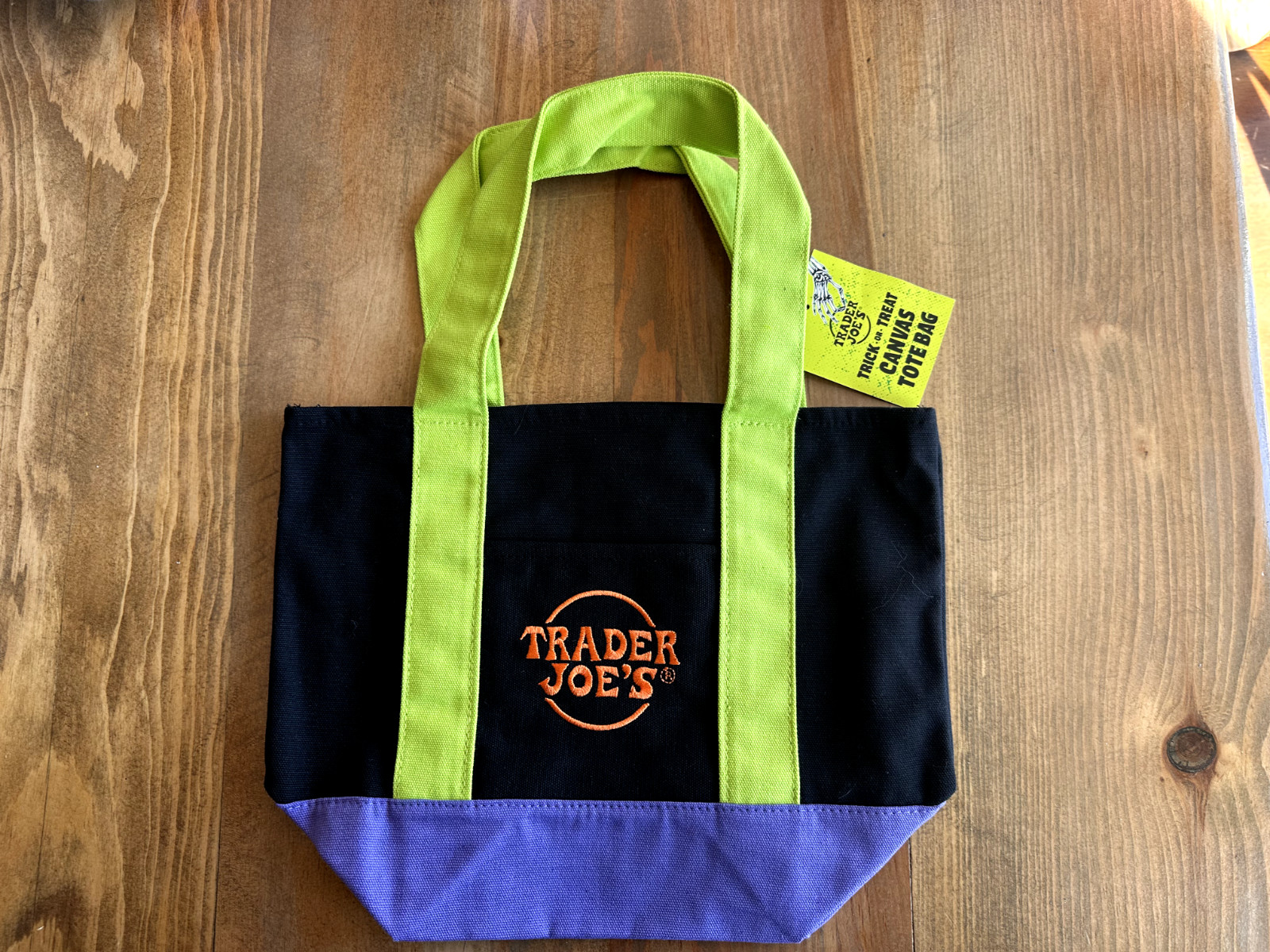 Trader Joe’s Mini Canvas Foldable Tote Bags Black with Purple and green