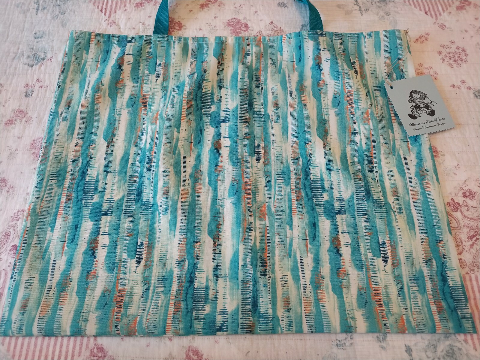 XLG UNLINED MARKET TOTE BAG made w/All-WEATHER/”Turquoise/Southwest” print, NEW