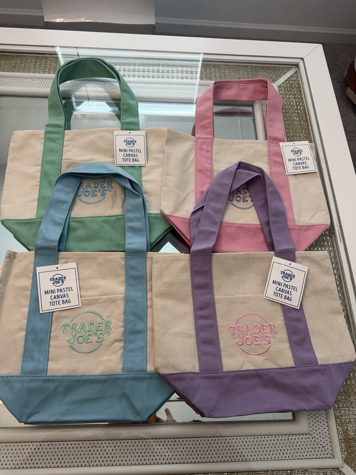 Spring 2026 Trader Joe’s Mini Pastel Canvas Tote Bag Set Of 4 NWT IN HAND