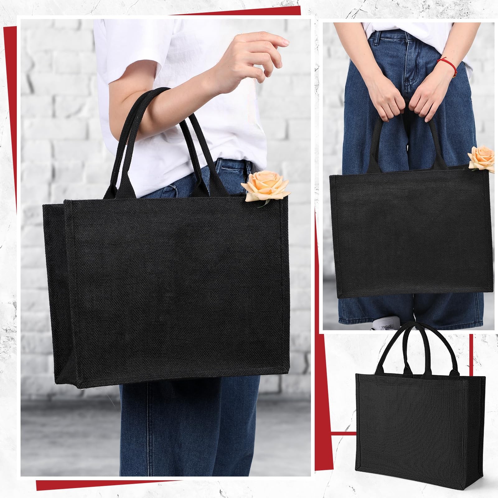 10 Pack Black Burlap Tote Wedding Jute Gift Bags with Handles – Large Reusabl…