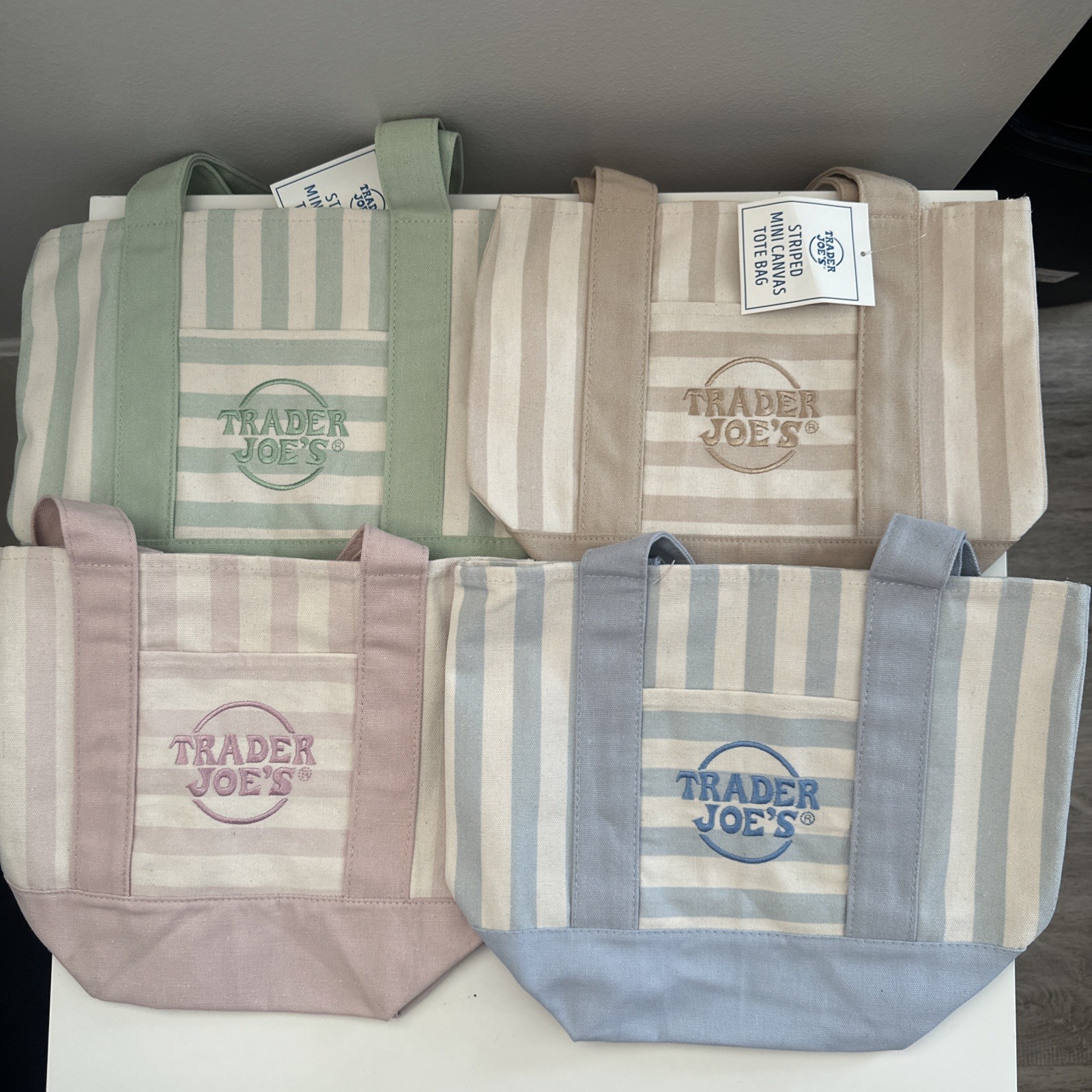 Trader Joe’s MINI PASTEL STRIPE CANVAS TOTE BAGS Set of 4 PINK BLUE GREEN BEIGE