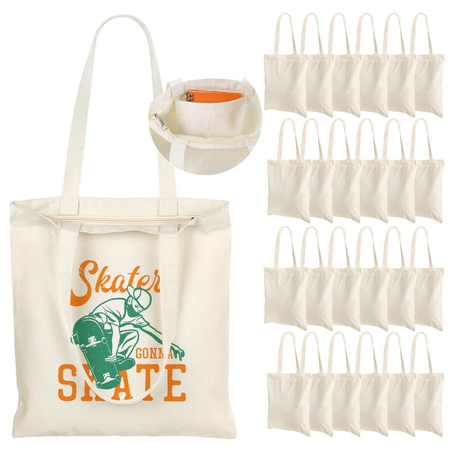 Canvas Tote Bag Bulk with Zipper and Pocket, 24 Pack 13×15 Inches Blank Canva…