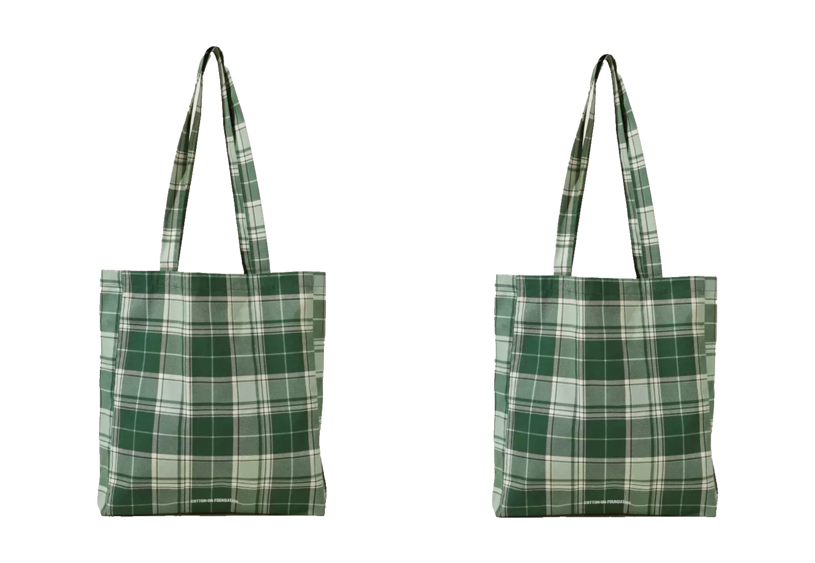 LOT OF 2 Cotton:On Foundation Recycled Tote Bag Green Check Reusable Grocery NEW