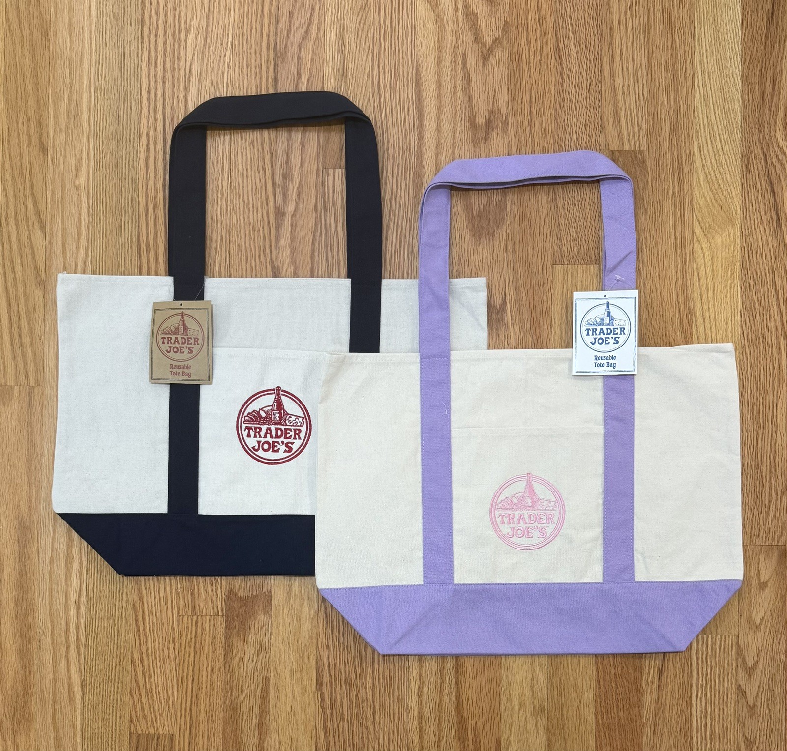 Trader Joe’s Set of 2 Authentic, Large Canvas Tote Bags (Blue and Purple Colors)