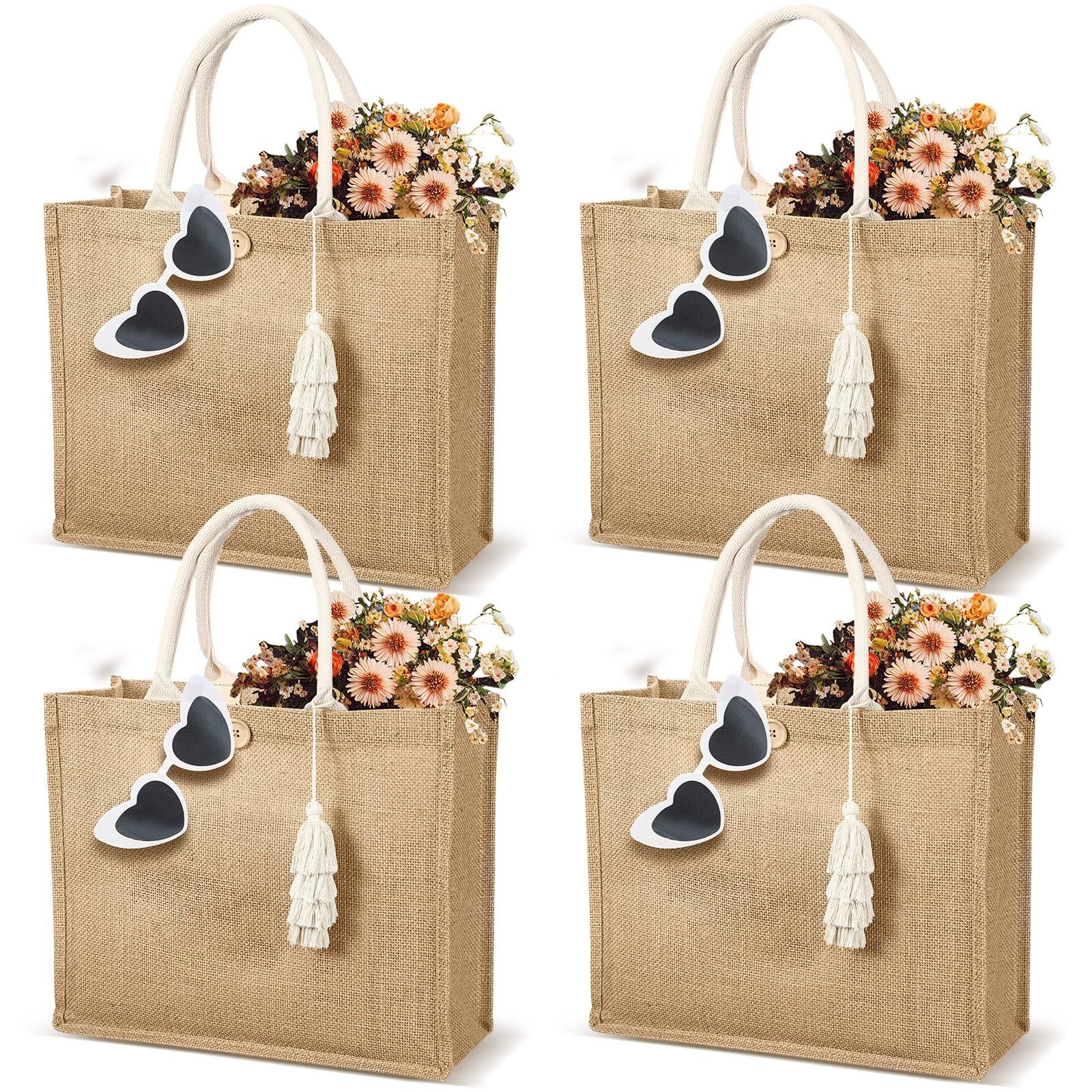 4 Pack Burlap Tote Bags for Bridesmaid Jute Gift Bag with Handles and Tassels…