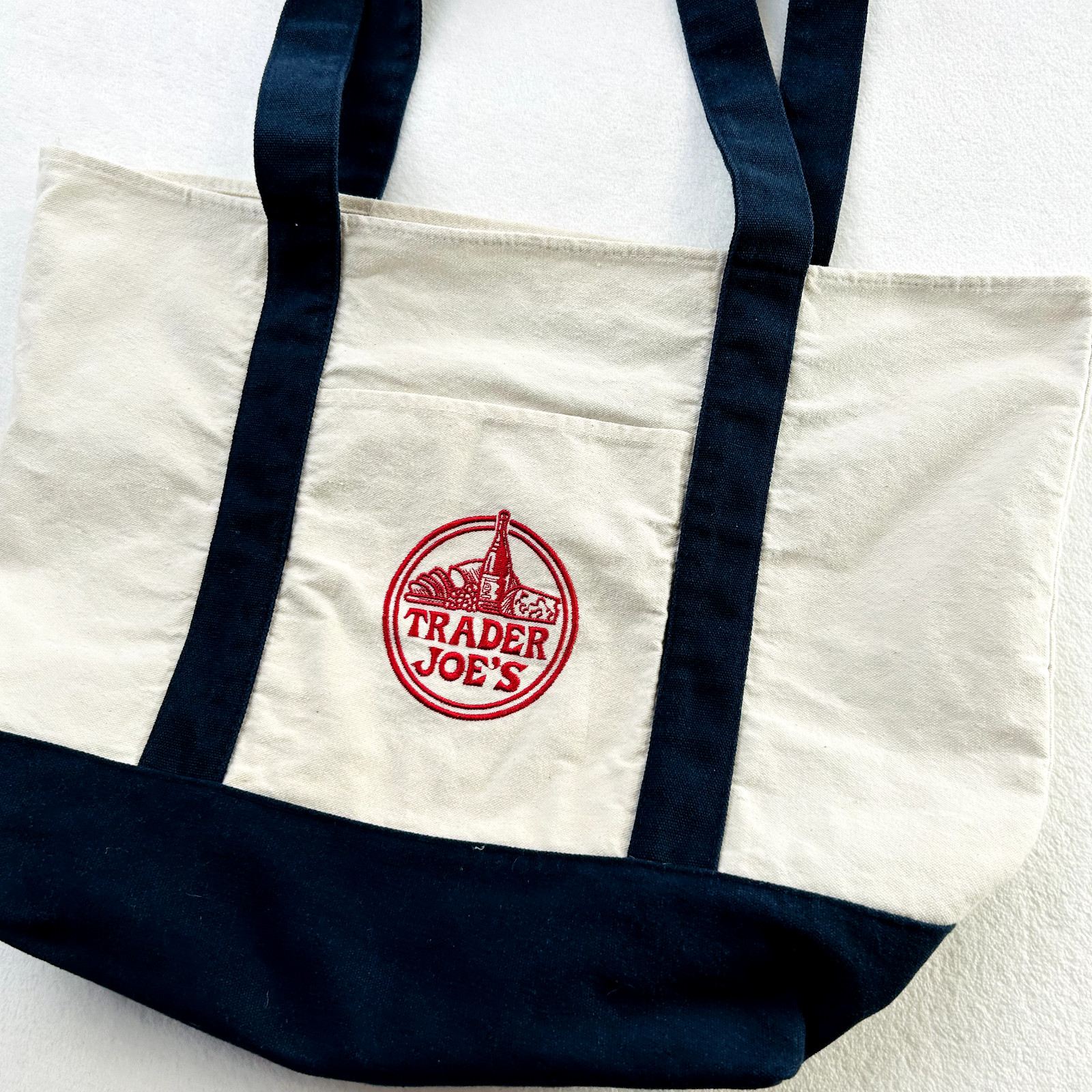 Trader Joes Bag One Size White Blue Red Canvas Tote Grocery Logo Shopping