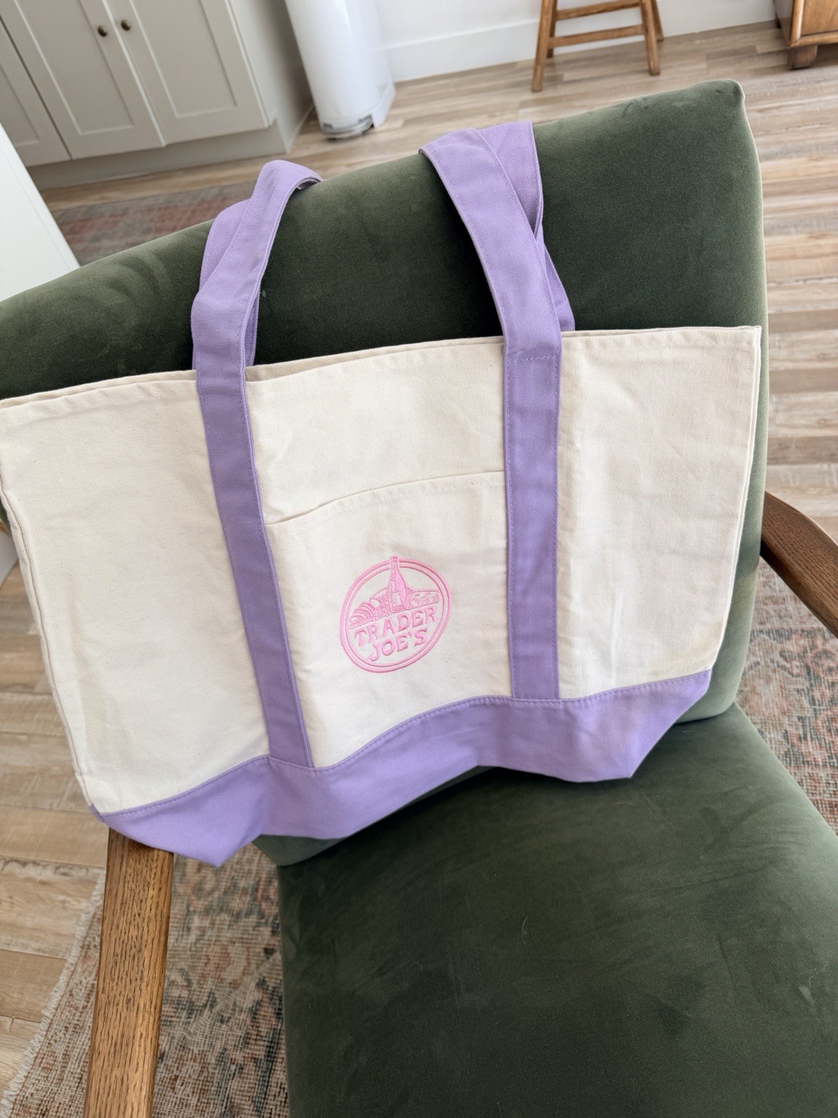 Trader Joe’s Large Reusable Canvas Logo Tote Bag White/Purple 20x6x14 in