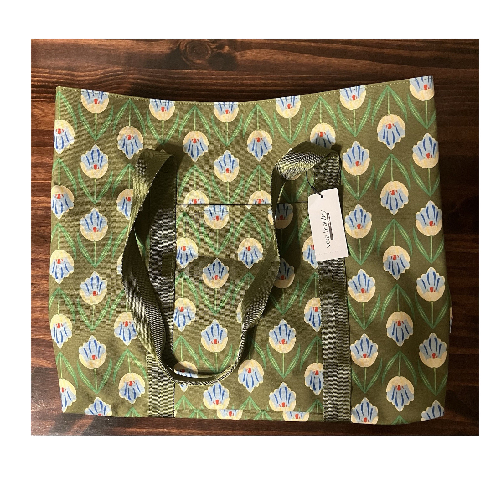 Green Floral Reusable Foldable Tote Bag w/ Drawstring Pouch Large 35 qt