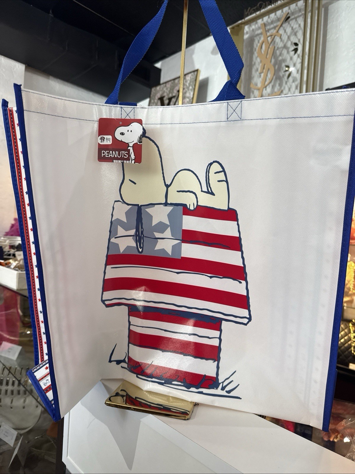 Peanuts Patriotic Snoopy On Doghouse Reusable Tote Bag NWT