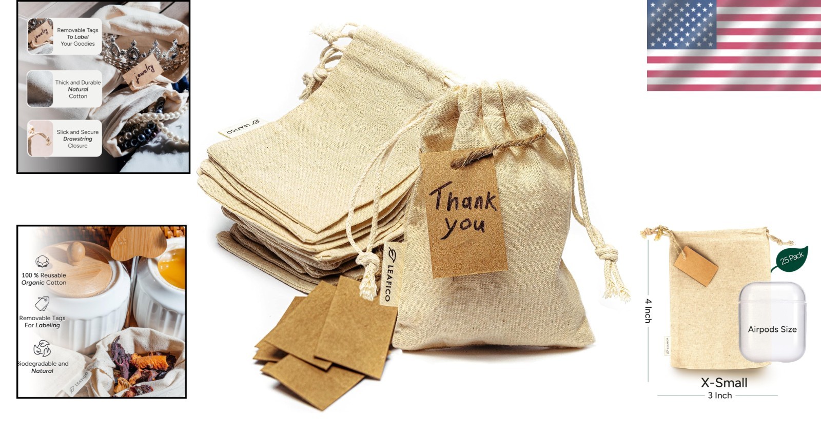 Elegant Reusable Cotton Gift Bags – X-Small 3×4 – 25 Pack Drawstring Pouches