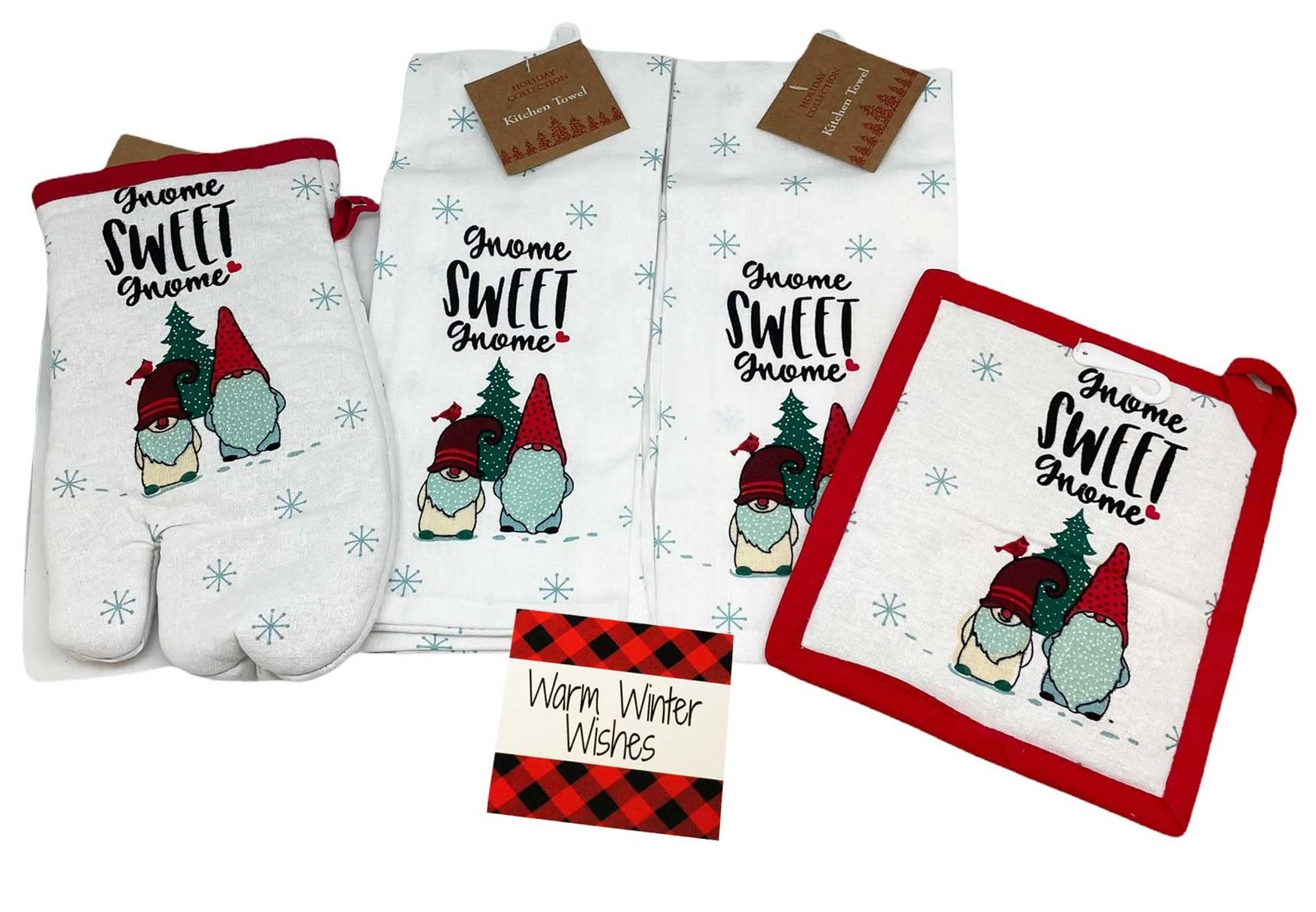 4 pc Christmas Kitchen Towels Set – 2 Gnome with Pot Holder and White
