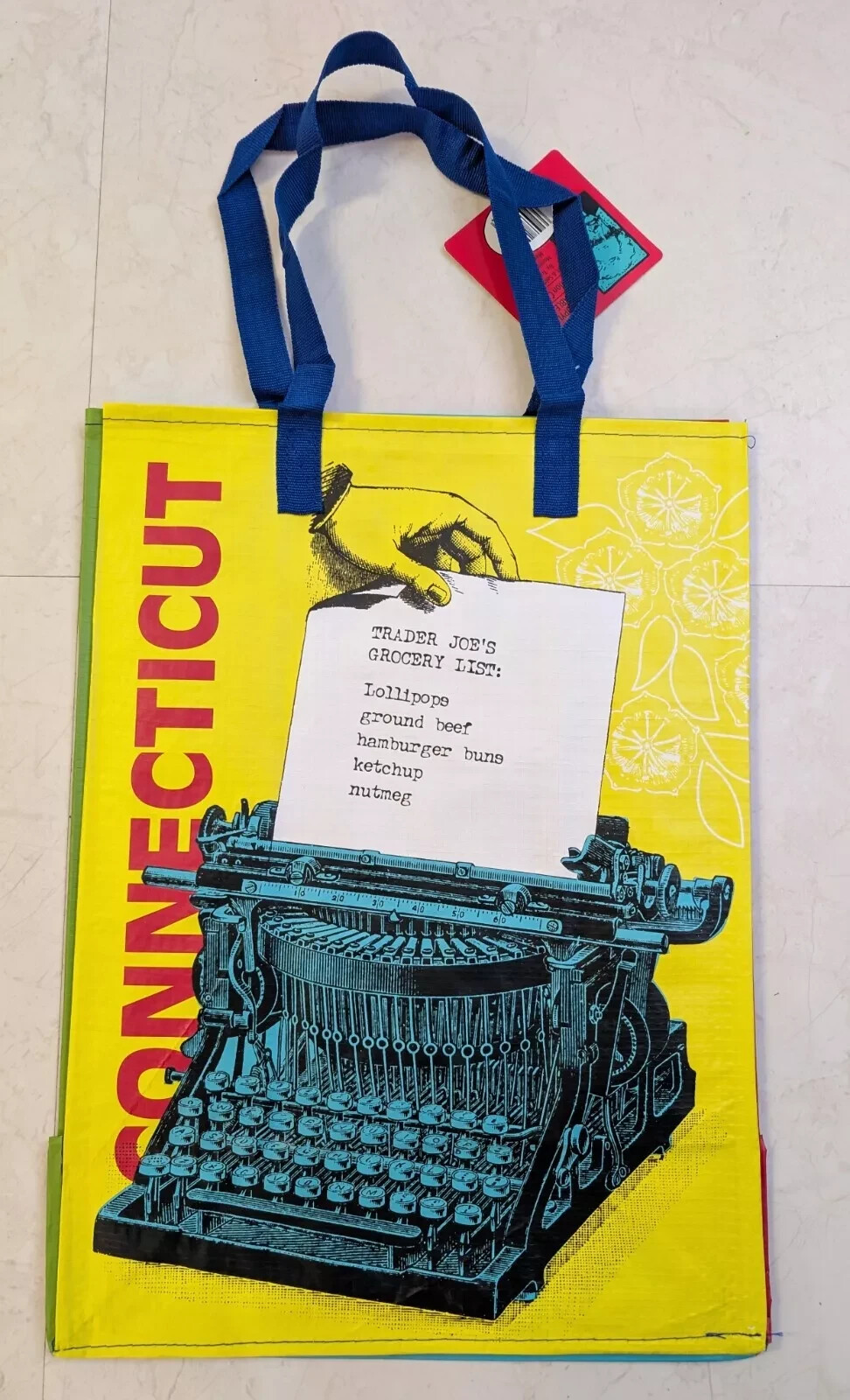 Trader Joe’s Connecticut Tote Bag Eco Reusable Shopper USA Typewriter Hamburger