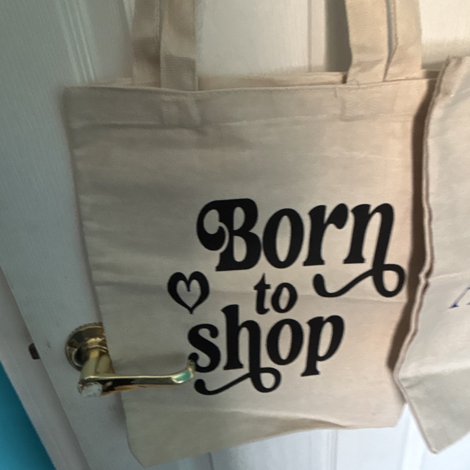 Set of 2 Beige Canvas Foldable Reusable Shopping Bags with Text Print