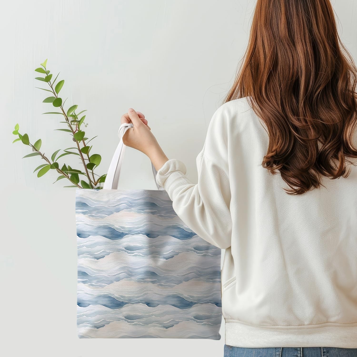 Blue Waves Printed Canvas Beach Tote Bags Aesthetic for , Blue Coastal Beach …