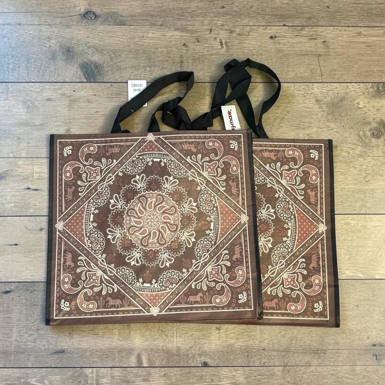 2-Reusable Shopping Tote-shoulder Bags-Bandana-Paisley-Horse-Cactus-Rope-Western