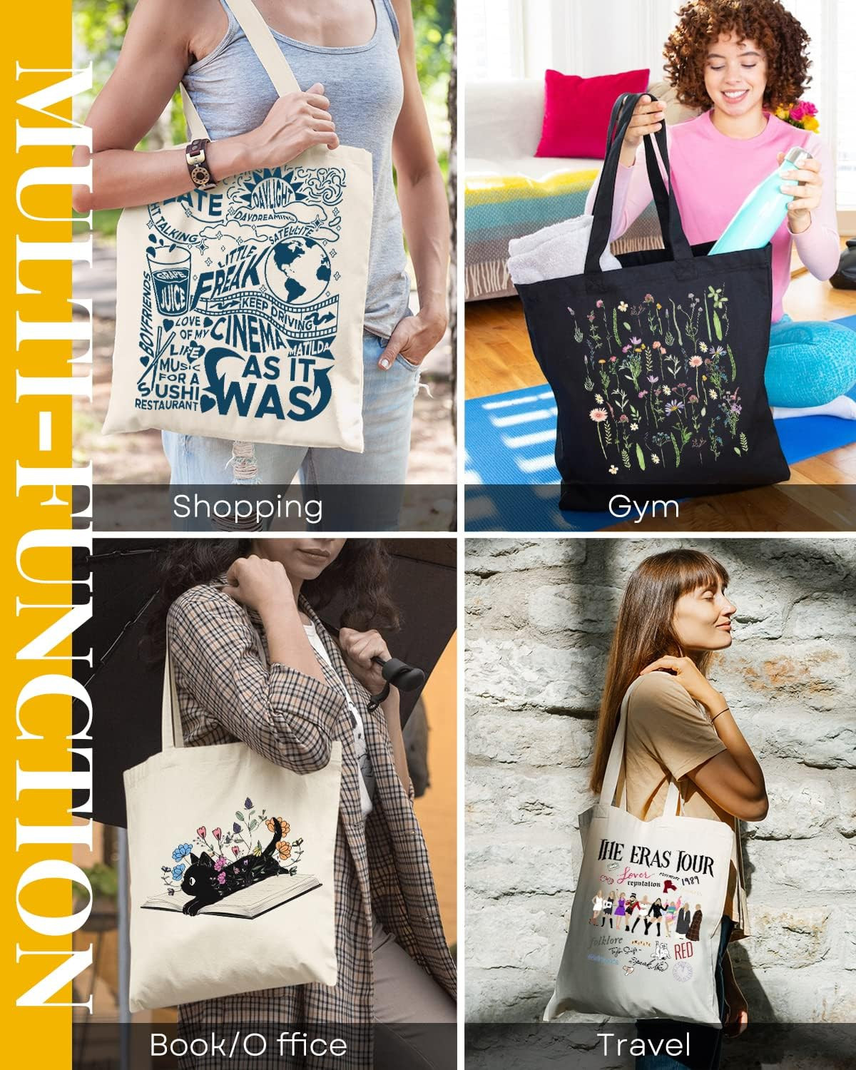 Cute Cat Book Canvas Tote Bag for Women Reusable Cotton Grocery Bag Beach Totes
