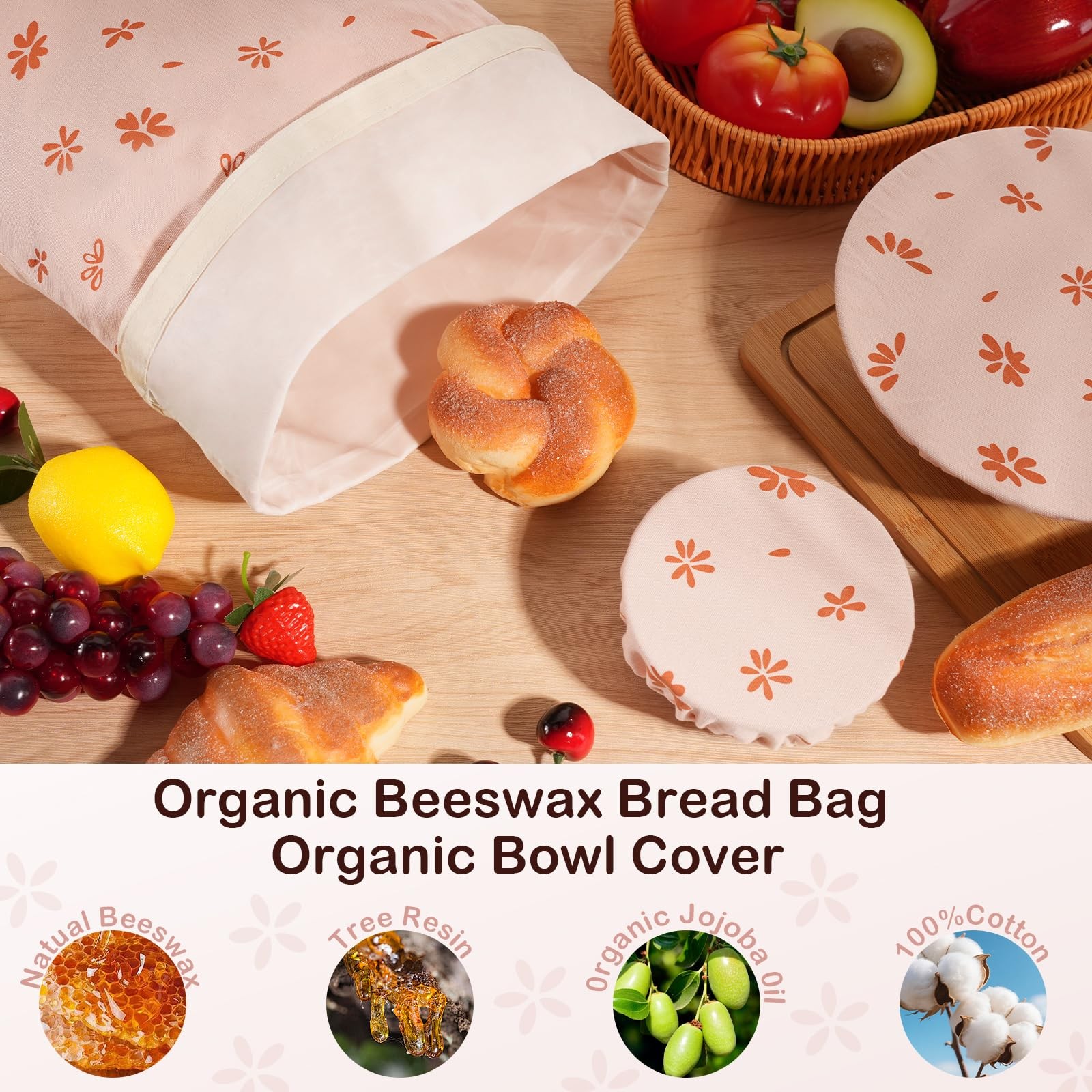5 Pack Reusable Beeswax Bread Bags 2 XL +3（size 8in 10in 12in), Pink+Brown