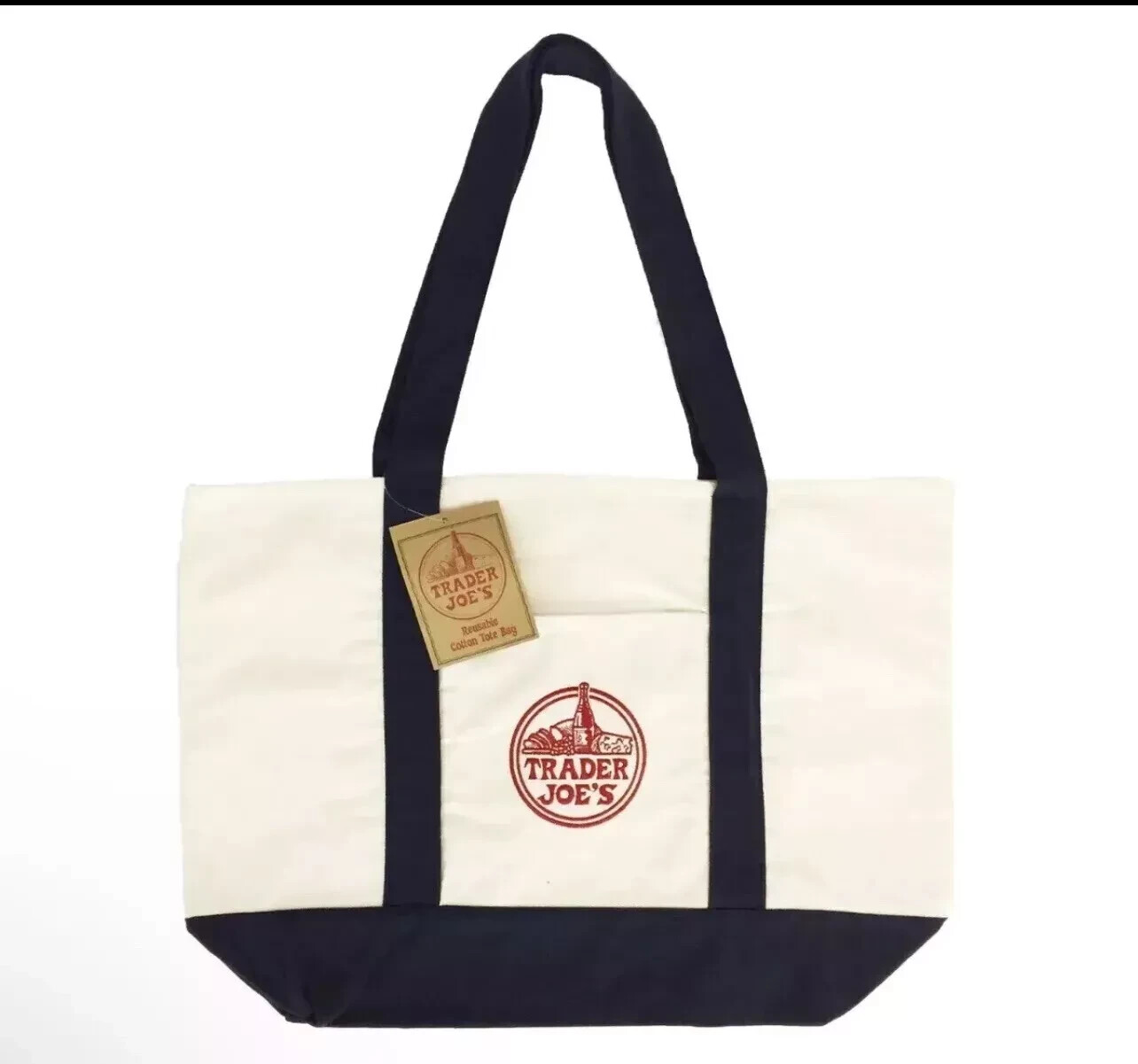 Trader Joes Large 22 X 14 Reusable Canvas Eco Tote Heavy Duty Bag in Blue White